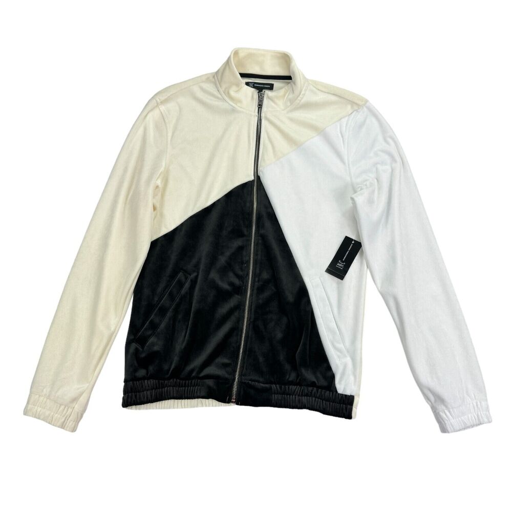 INC Mens Pieced Colorblock Velour Jacket Cream Black S
